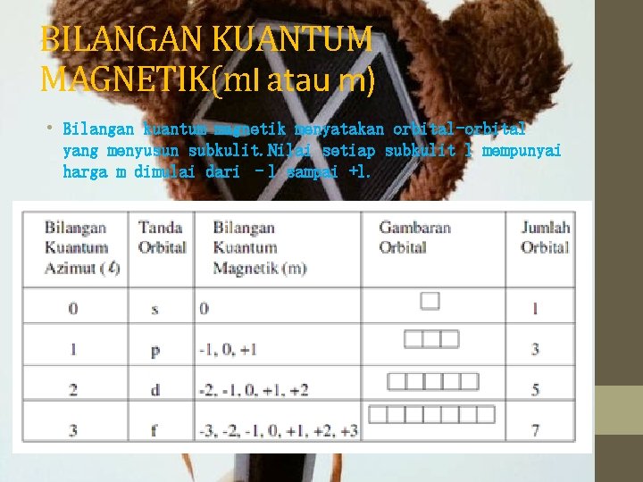 BILANGAN KUANTUM MAGNETIK(ml atau m) • Bilangan kuantum magnetik menyatakan orbital-orbital yang menyusun subkulit.