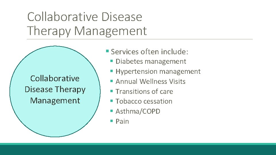 Collaborative Disease Therapy Management § Services often include: Collaborative Disease Therapy Management § Diabetes