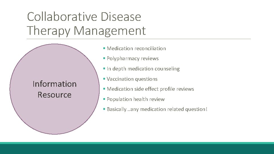 Collaborative Disease Therapy Management § Medication reconciliation § Polypharmacy reviews § In depth medication
