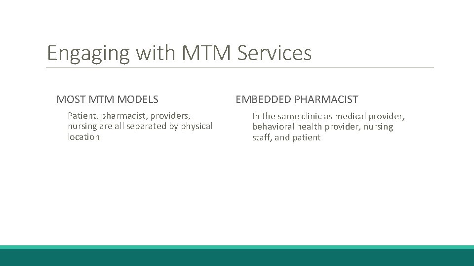 Engaging with MTM Services MOST MTM MODELS Patient, pharmacist, providers, nursing are all separated