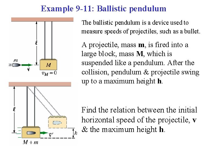 Example 9 -11: Ballistic pendulum The ballistic pendulum is a device used to measure