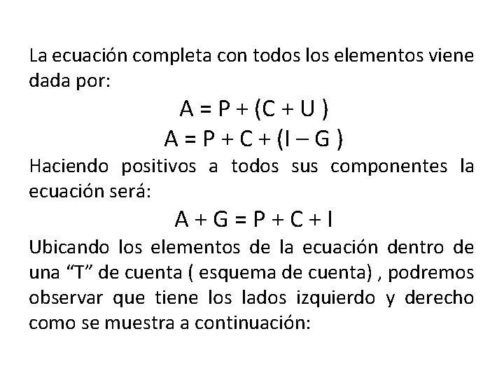 La ecuación completa con todos los elementos viene dada por: A = P + La ecuación completa con todos los elementos viene dada por: A = P +