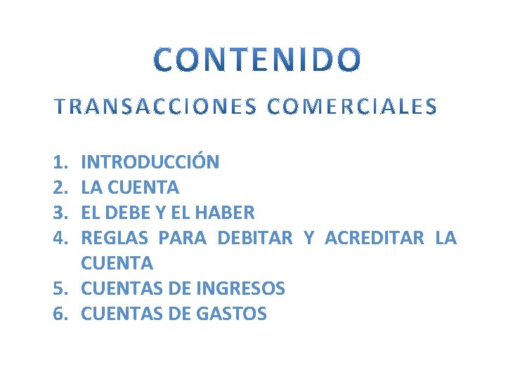 1. 2. 3. 4. INTRODUCCIÓN LA CUENTA EL DEBE Y EL HABER REGLAS PARA 1. 2. 3. 4. INTRODUCCIÓN LA CUENTA EL DEBE Y EL HABER REGLAS PARA