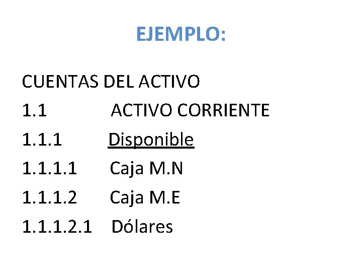 EJEMPLO: CUENTAS DEL ACTIVO 1. 1 ACTIVO CORRIENTE 1. 1. 1 Disponible 1. 1 EJEMPLO: CUENTAS DEL ACTIVO 1. 1 ACTIVO CORRIENTE 1. 1. 1 Disponible 1. 1