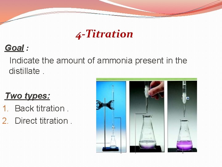 4 -Titration Goal : Indicate the amount of ammonia present in the distillate. Two