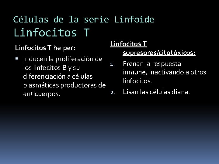 Células de la serie Linfoide Linfocitos T helper: supresores/citotóxicos: Inducen la proliferación de 1. Células de la serie Linfoide Linfocitos T helper: supresores/citotóxicos: Inducen la proliferación de 1.