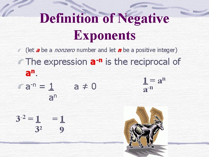 Definition of Negative Exponents (let a be a nonzero number and let n be
