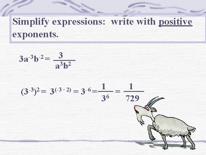 Simplify expressions: write with positive exponents. 3 a-3 b-2 = 33 2 ab (3