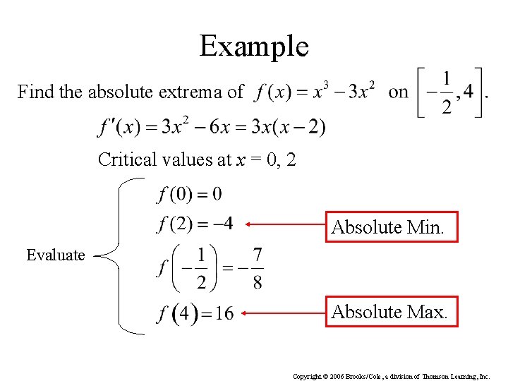 Example Find the absolute extrema of Critical values at x = 0, 2 Absolute