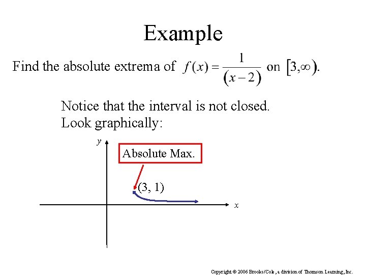 Example Find the absolute extrema of Notice that the interval is not closed. Look