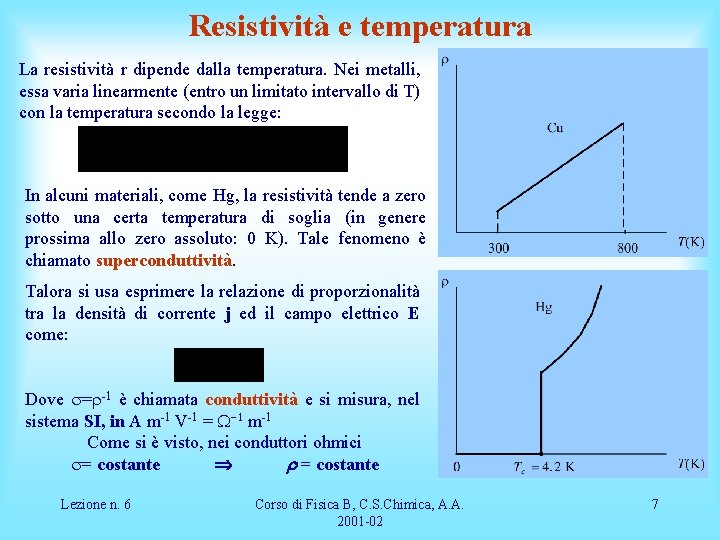 Resistività e temperatura La resistività r dipende dalla temperatura. Nei metalli, essa varia linearmente