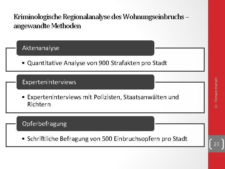 Kriminologische Regionalanalyse des Wohnungseinbruchs – angewandte Methoden Aktenanalyse Experteninterviews • Experteninterviews mit Polizisten, Staatsanwälten