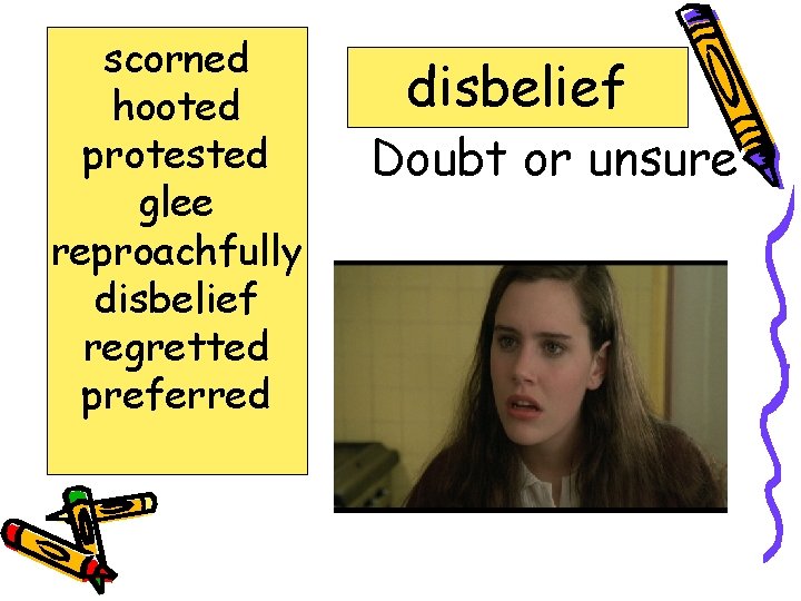 scorned hooted protested glee reproachfully disbelief regretted preferred disbelief Doubt or unsure 