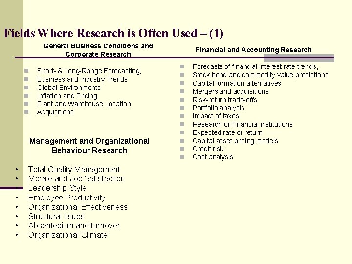 Fields Where Research is Often Used – (1) General Business Conditions and Corporate Research