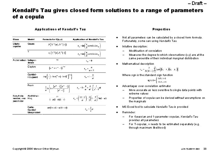 – Draft – Kendall’s Tau gives closed form solutions to a range of parameters