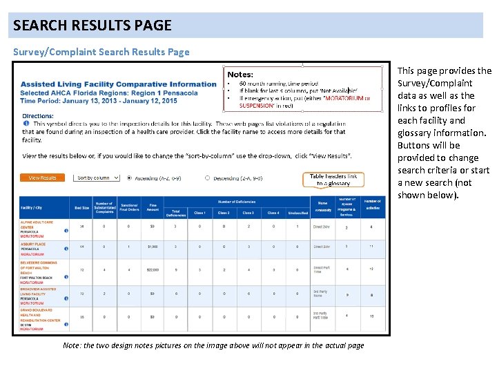 SEARCH RESULTS PAGE Survey/Complaint Search Results Page This page provides the Survey/Complaint data as