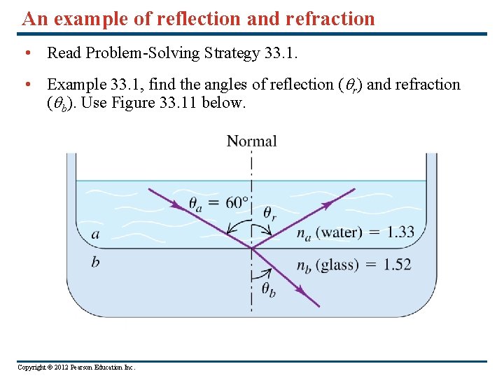 An example of reflection and refraction • Read Problem-Solving Strategy 33. 1. • Example