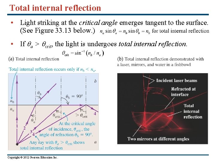 Total internal reflection • Light striking at the critical angle emerges tangent to the