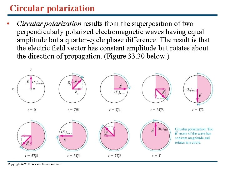 Circular polarization • Circular polarization results from the superposition of two perpendicularly polarized electromagnetic
