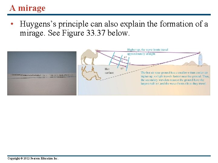 A mirage • Huygens’s principle can also explain the formation of a mirage. See