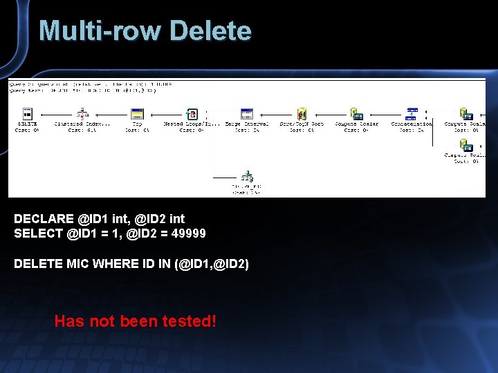 Multi-row Delete DECLARE @ID 1 int, @ID 2 int SELECT @ID 1 = 1,