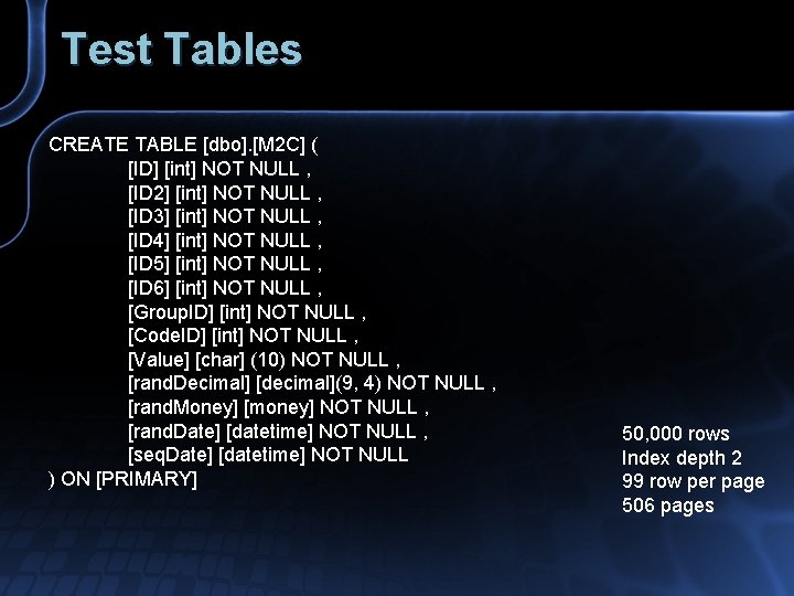 Test Tables CREATE TABLE [dbo]. [M 2 C] ( [ID] [int] NOT NULL ,