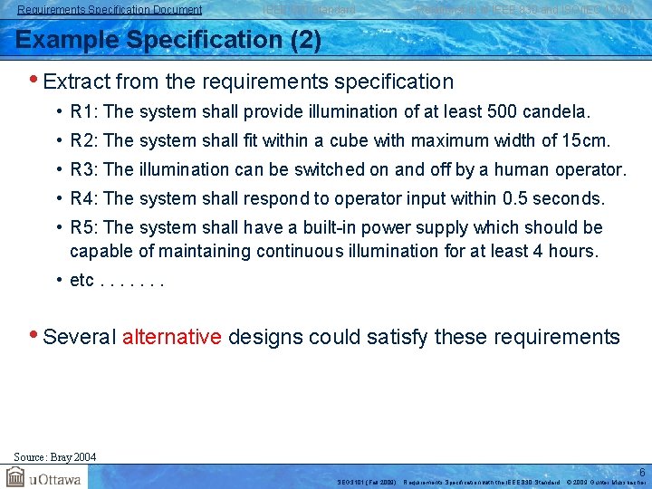 Requirements Specification Document IEEE 830 Standard Relationship of IEEE 830 and ISO/IEC 12207 Example