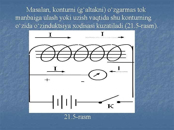 Mаsаlаn, konturni (g‘аltаkni) o‘zgаrmаs tok mаnbаigа ulаsh yoki uzish vаqtidа shu konturning o‘zidа o‘zinduktsiya