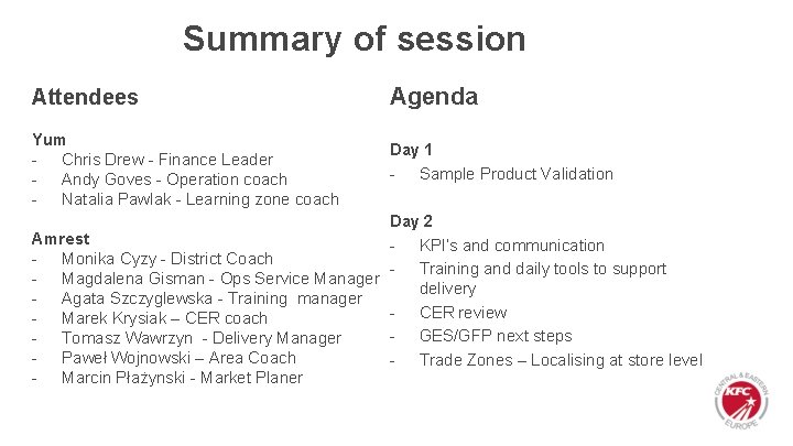 Summary of session Attendees Agenda Yum - Chris Drew - Finance Leader - Andy