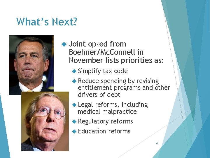 What’s Next? Joint op-ed from Boehner/Mc. Connell in November lists priorities as: Simplify tax What’s Next? Joint op-ed from Boehner/Mc. Connell in November lists priorities as: Simplify tax