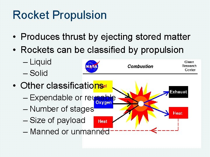 Rocket Propulsion • Produces thrust by ejecting stored matter • Rockets can be classified