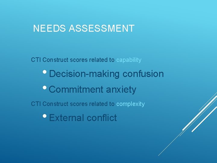 NEEDS ASSESSMENT CTI Construct scores related to capability • Decision-making confusion • Commitment anxiety