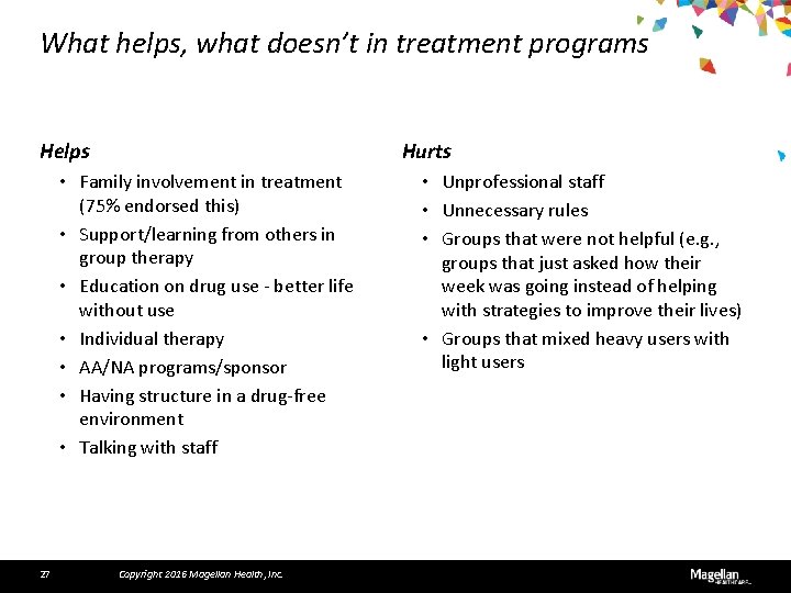 What helps, what doesn’t in treatment programs Helps Hurts • Family involvement in treatment