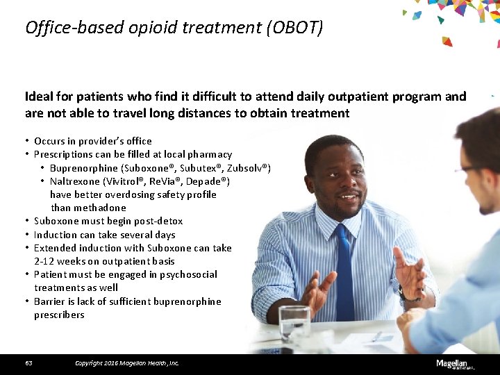 Office-based opioid treatment (OBOT) Ideal for patients who find it difficult to attend daily