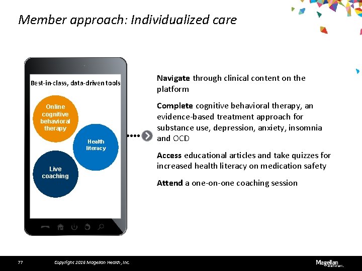 Member approach: Individualized care Best-in-class, data-driven tools Online cognitive behavioral therapy Health literacy Live