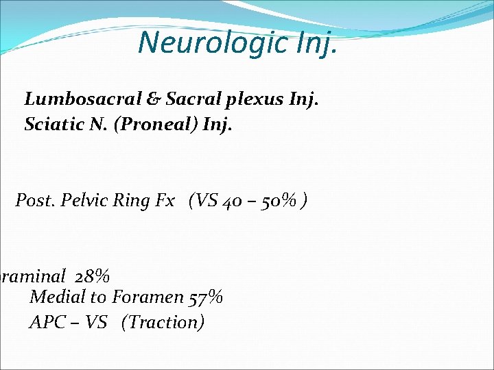 Neurologic Inj. Lumbosacral & Sacral plexus Inj. Sciatic N. (Proneal) Inj. Post. Pelvic Ring