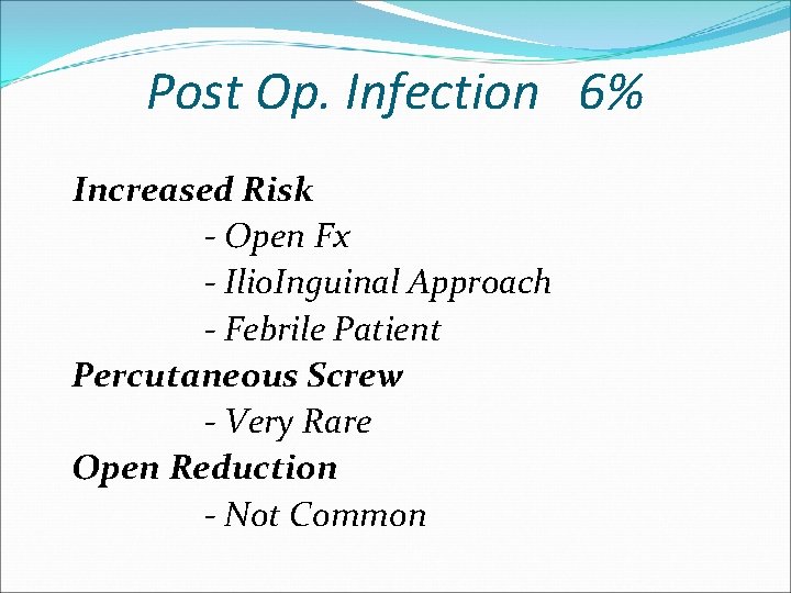 Post Op. Infection 6% Increased Risk - Open Fx - Ilio. Inguinal Approach -