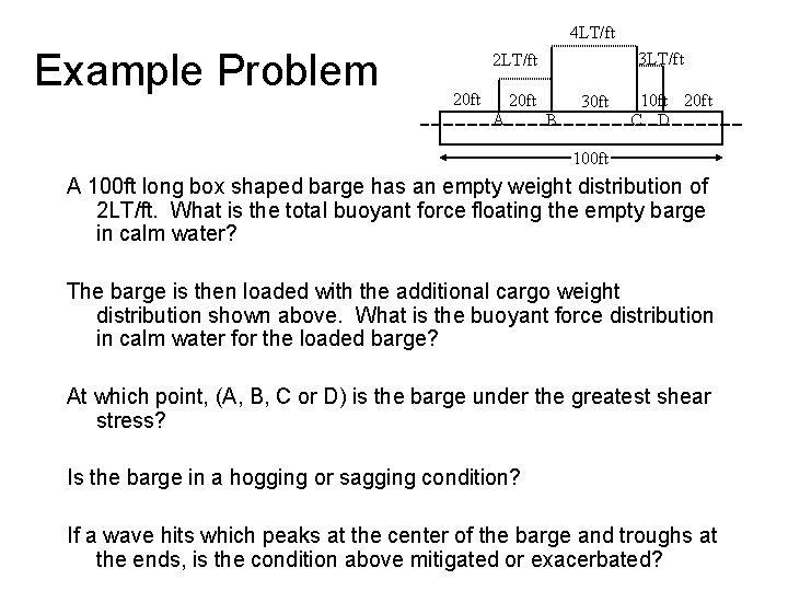 4 LT/ft Example Problem 3 LT/ft 20 ft A 20 ft B 30 ft