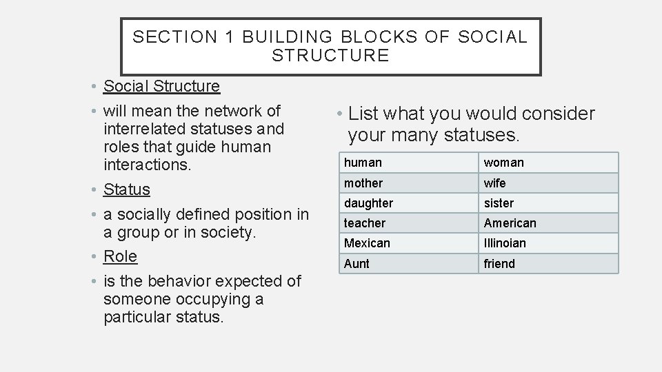 SECTION 1 BUILDING BLOCKS OF SOCIAL STRUCTURE • Social Structure • will mean the SECTION 1 BUILDING BLOCKS OF SOCIAL STRUCTURE • Social Structure • will mean the