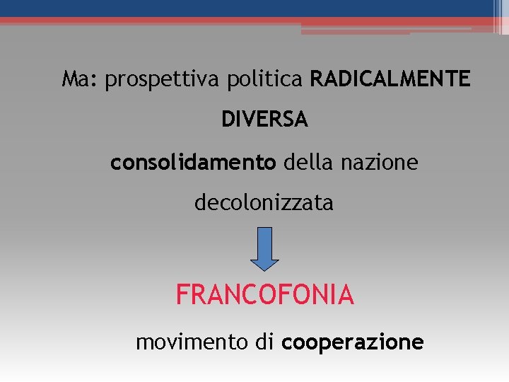 Ma: prospettiva politica RADICALMENTE DIVERSA consolidamento della nazione decolonizzata FRANCOFONIA movimento di cooperazione Ma: prospettiva politica RADICALMENTE DIVERSA consolidamento della nazione decolonizzata FRANCOFONIA movimento di cooperazione