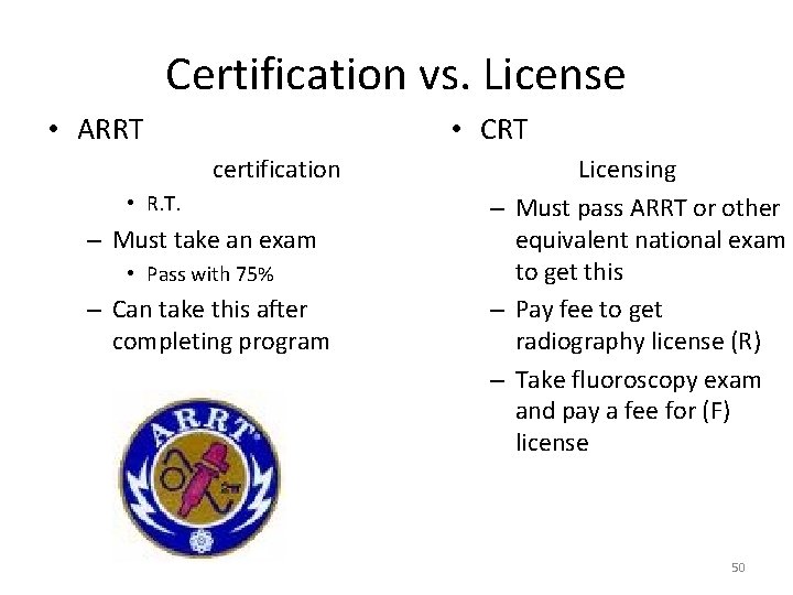 Certification vs. License • ARRT – National certification • R. T. – Must take