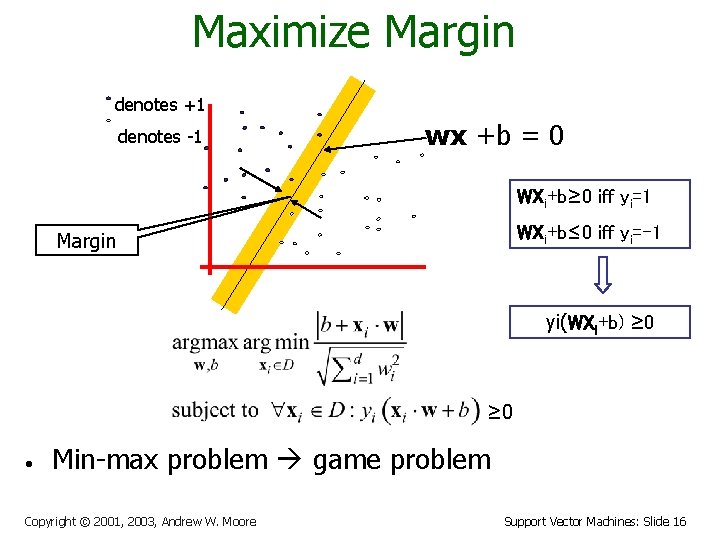 Maximize Margin denotes +1 denotes -1 wx +b = 0 WXi+b≥ 0 iff yi=1