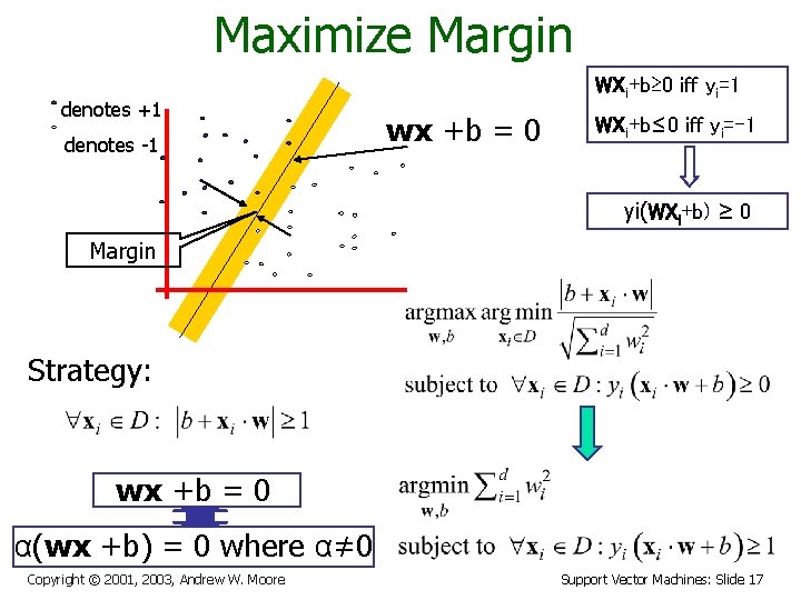 Maximize Margin denotes +1 denotes -1 WXi+b≥ 0 iff yi=1 wx +b = 0