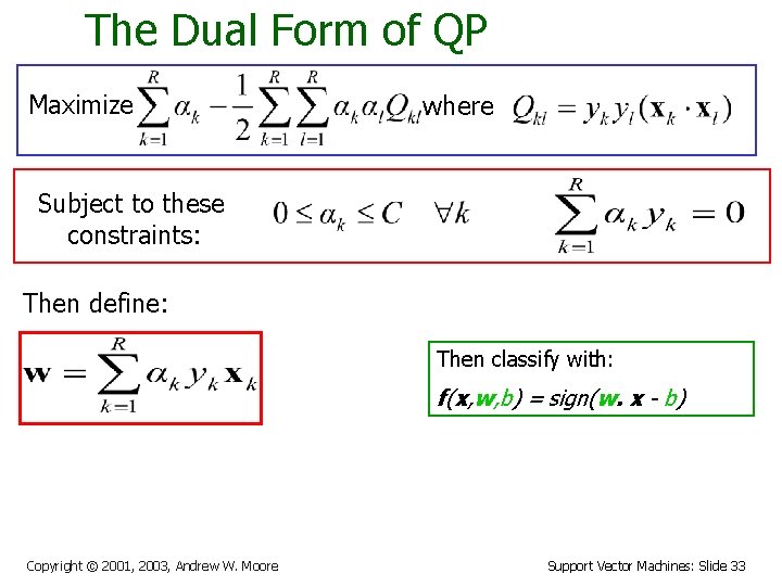 The Dual Form of QP Maximize where Subject to these constraints: Then define: Then