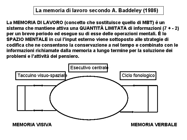 La memoria di lavoro secondo A. Baddeley (1986) La MEMORIA DI LAVORO (concetto che La memoria di lavoro secondo A. Baddeley (1986) La MEMORIA DI LAVORO (concetto che