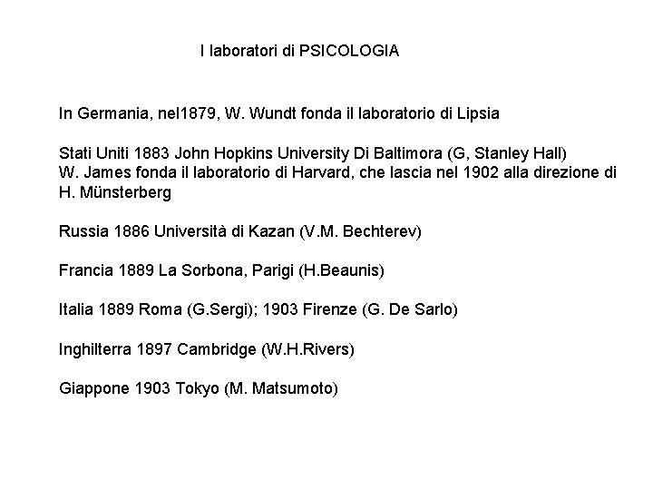 I laboratori di PSICOLOGIA In Germania, nel 1879, W. Wundt fonda il laboratorio di I laboratori di PSICOLOGIA In Germania, nel 1879, W. Wundt fonda il laboratorio di