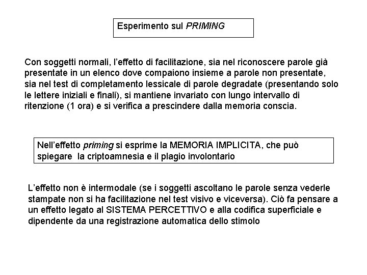 Esperimento sul PRIMING Con soggetti normali, l’effetto di facilitazione, sia nel riconoscere parole già Esperimento sul PRIMING Con soggetti normali, l’effetto di facilitazione, sia nel riconoscere parole già