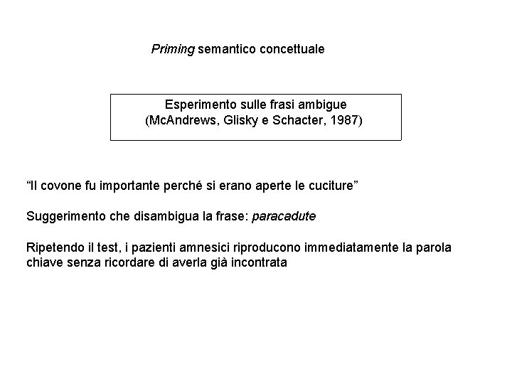 Priming semantico concettuale Esperimento sulle frasi ambigue (Mc. Andrews, Glisky e Schacter, 1987) “Il Priming semantico concettuale Esperimento sulle frasi ambigue (Mc. Andrews, Glisky e Schacter, 1987) “Il