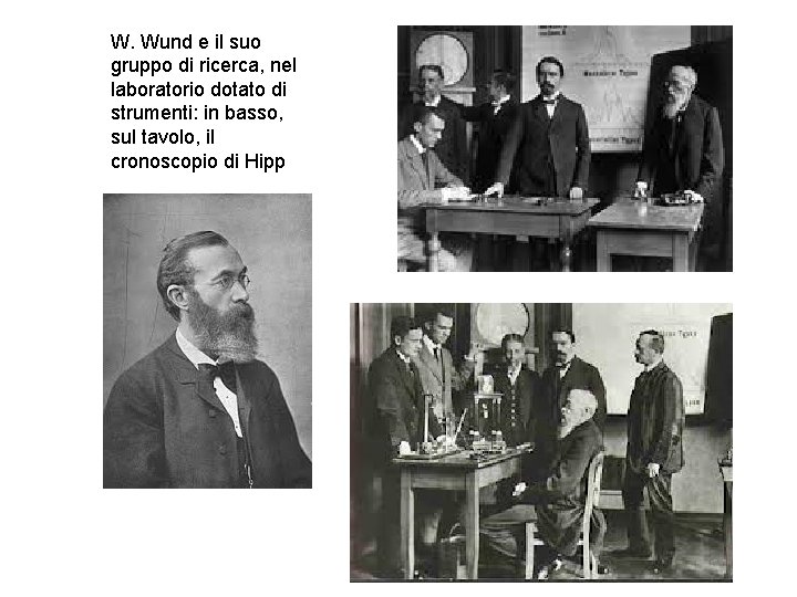 W. Wund e il suo gruppo di ricerca, nel laboratorio dotato di strumenti: in W. Wund e il suo gruppo di ricerca, nel laboratorio dotato di strumenti: in