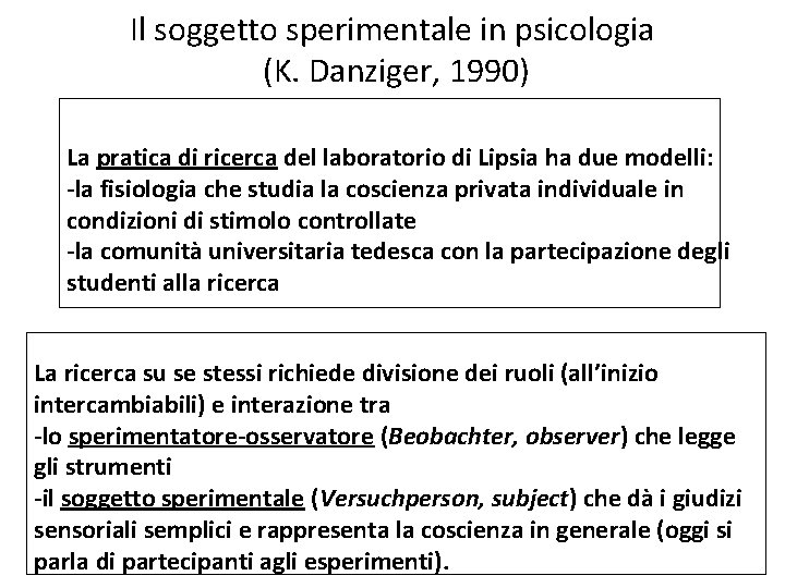 Il soggetto sperimentale in psicologia (K. Danziger, 1990) La pratica di ricerca del laboratorio Il soggetto sperimentale in psicologia (K. Danziger, 1990) La pratica di ricerca del laboratorio